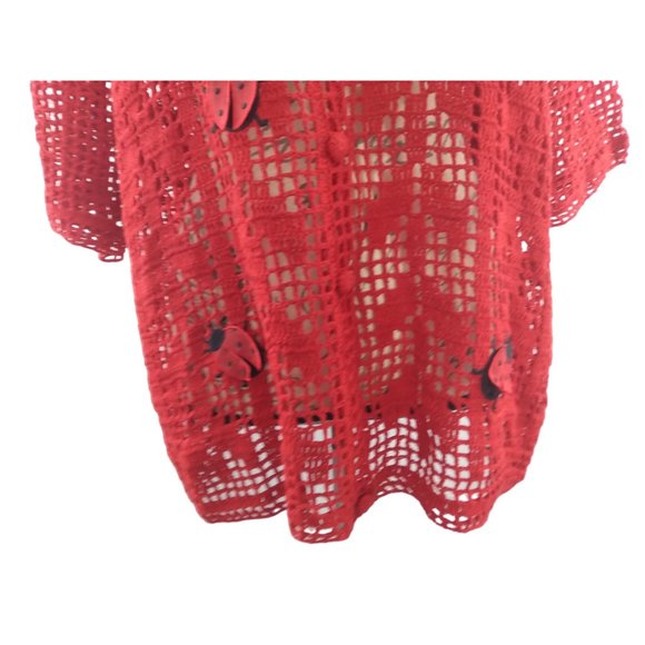 Morgan Cole open knit red button unique cardigan w/ Ladybugs measures Large/XL - Picture 9 of 16